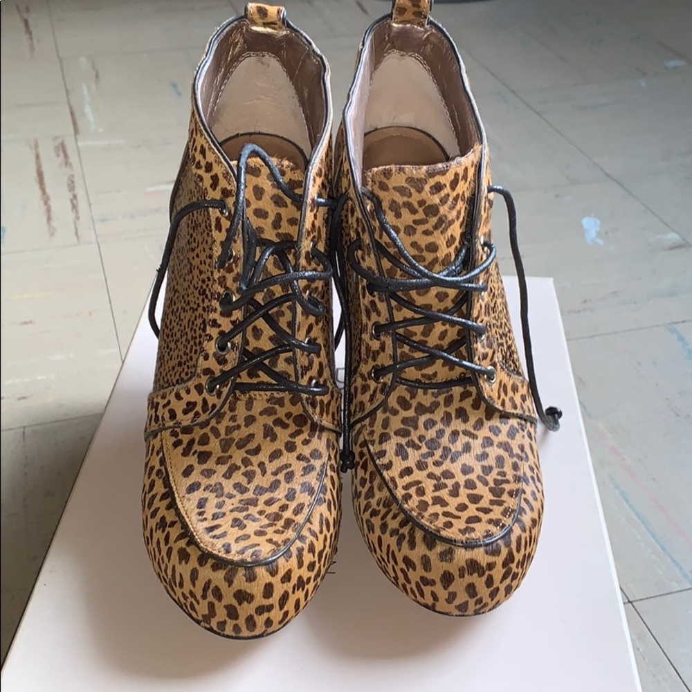 Brown animal print pony hair lace up booties
